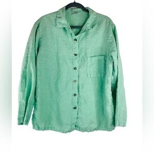 Click Color Me Cotton Linen Green Buttondown Top Tunic Size M Lagenlook
